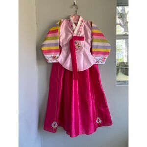Korean Hanbok Pink and Magenta Floral Long Sleeve Girls Dress Size 6